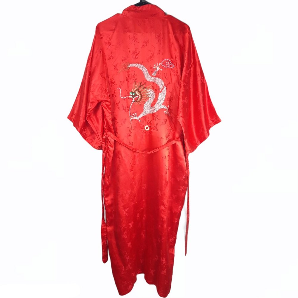 VTG Jade Red Silk Dragon Embroidered Long Robe